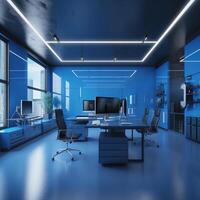 modern kontor interiör med blå väggar och stolar. ai generativ foto