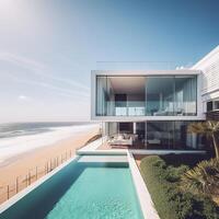 modern hus på de strand med pool,ai generativ foto