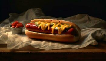 grillad nötkött varm hund, en gott amerikan picknick måltid genererad förbi ai foto