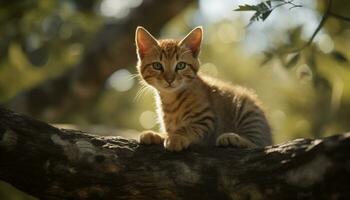 söt kattunge Sammanträde i gräs, lekfull och nyfiken, stirrande på kamera genererad förbi ai foto