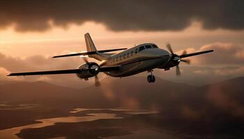 flygande flygplan propeller transporter passagerare genom de himmel på skymning genererad förbi ai foto