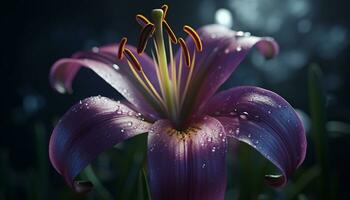vibrerande färgad blomma kronblad glittra med daggdroppar i de morgon- genererad förbi ai foto