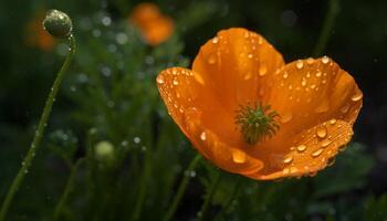 ljus gul daisy i en äng, våt med morgon- dagg genererad förbi ai foto