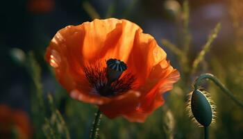 en vibrerande gul blomma blommar i de äng på soluppgång genererad förbi ai foto