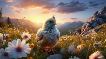 kyckling på en äng med daisy på solnedgång. foto