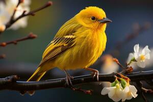 skön gul och blå fågel på en gren av en blomstrande träd foto