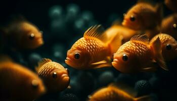 en vibrerande samling av mång färgad fisk simning i en rev genererad förbi ai foto