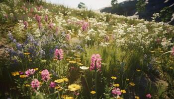 vibrerande blommor blomma i en äng, visa upp natur skönhet genererad förbi ai foto