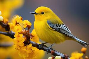 skön gul och blå fågel på en gren av en blomstrande träd foto