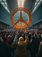 internationell dag av fred, december 21:a. där var 2 massor av människor höjning deras händer och där var en stor fred symbol, ai genererad. foto
