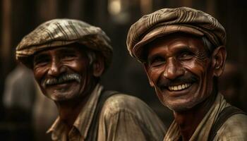 två leende vuxen män ser på kamera utomhus, glad och Lycklig genererad förbi ai foto