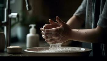 en kvinna hand knådning deg i en våt kök handfat genererad förbi ai foto