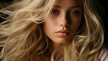 skön blond kvinna med lång lockigt hår utstrålar förtroende och sensualitet genererad förbi ai foto