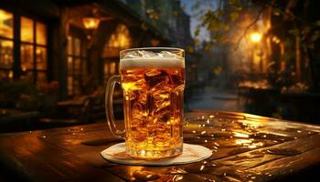 dryck alkohol på pub, bar stänga upp av skummande halvliter glas genererad förbi ai foto