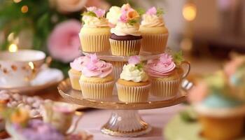 hemlagad bakad muffin med rosa glasyr, blomma dekoration, och choklad genererad förbi ai foto