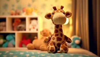 söt teddy Björn spelar med giraff i mysigt sovrum genererad förbi ai foto