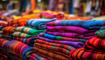 mång färgad textilier staplade i en Lagra, visa upp de textil- industri genererad förbi ai foto