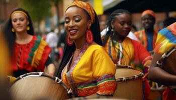 afrikansk kvinnor musiker i traditionell Kläder prestera på musik festival genererad förbi ai foto