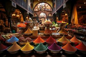 färgrik kryddor i de souk av marrakech, fördjupa i ett exotisk krydda basar, med färgrik säckar och burkar visa upp en olika array av global smaker i en vibrerande marknadsföra miljö, ai genererad foto