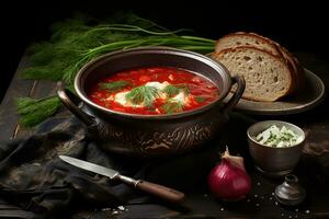 traditionell ukrainska borscht . skål av röd rödbeta soppa borscht med vit grädde. traditionell ukrainska mat kök ai generativ foto