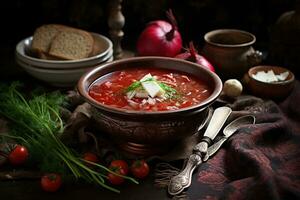 traditionell ukrainska borscht . skål av röd rödbeta soppa borscht med vit grädde. traditionell ukrainska mat kök ai generativ foto