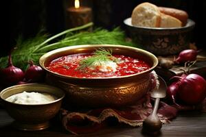 traditionell ukrainska borscht . skål av röd rödbeta soppa borscht med vit grädde. traditionell ukrainska mat kök ai generativ foto