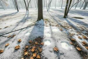 frostig fallen löv med skinande is frost i snöig skog parkera. bakgrund. ai generativ proffs Foto