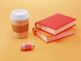 tillbaka till skola, utbildning tema 3d illustration. böcker, disponibel kaffe kopp och penna på en tabell foto