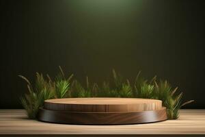 runda trä podium med gräs och växter i de bakgrund för produkt visa generativ förbi ai foto