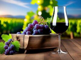 röd vin i en vin glas och mogen vindruvor på en trä- tabell. generativ ai. foto