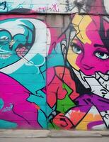 färgrik abstrakt graffiti vägg konst bakgrund, måla stänka ner, klottrar och fragment, generativ ai. foto