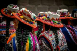 traditionell peruvian pilgrimsfärd färgrik folkmassan. generera ai foto