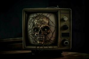 årgång gammal TV med kuslig skalle. generera ai foto
