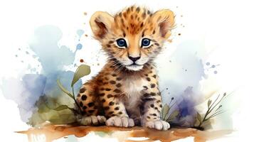 en söt liten afrikansk leopard i vattenfärg stil. generativ ai foto
