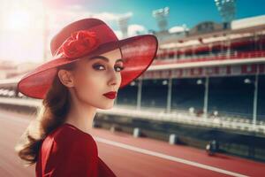 elegant lady porträtt bär röd hatt. generera ai foto