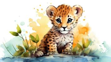 en söt liten leopard i vattenfärg stil. generativ ai foto
