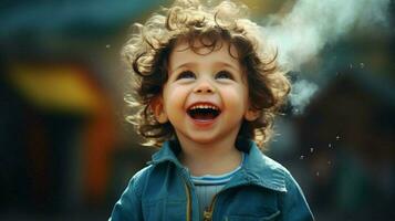 en söt bebis pojke leende med glädje fira hans barndom foto