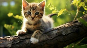 en söt små kattunge Sammanträde på en gren ser på kamera foto