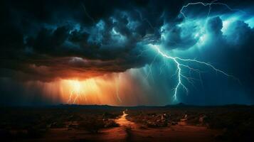 en blixt- storm med en blixt- bult i de bakgrund foto