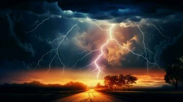 en blixt- storm med en blixt- bult i de bakgrund foto
