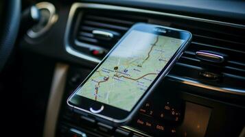 en telefon i en bil med en Karta på de skärm foto