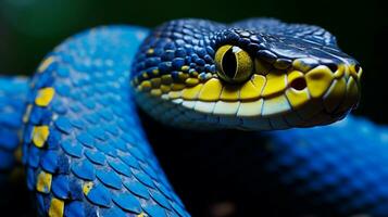 en orm med en blå ansikte och gul ögon foto