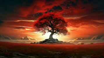 en träd i en fält med en röd himmel och de Sol Bakom den foto
