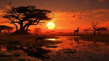 afrika savann på solnedgång djur beta gammal träd foto