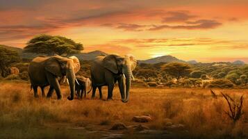 afrikansk elefant besättning betning på soluppgång på savann foto