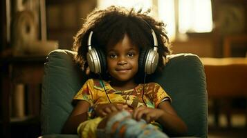 afrikansk barn Sammanträde inomhus lyssnande till hörlurar foto