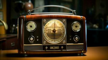 antik radio med skinande knopp sändningar nostalgi foto