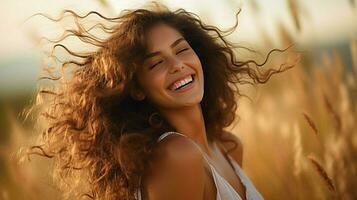 skön kvinna med lockigt brun hår leende glatt foto