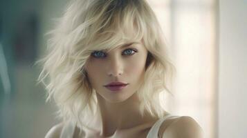 blond håriga kvinna porträtt av skönhet ser på kamera foto
