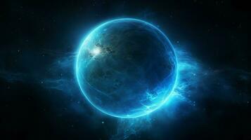 blå sfär glöder i mörk nebulosa atmosfär foto